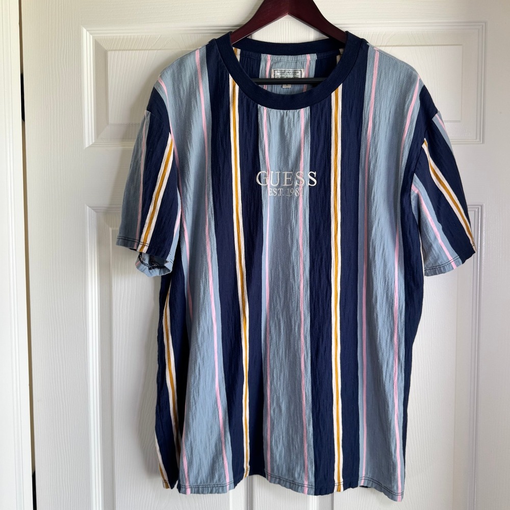 Guess Originals Mens‎ XL Striped T-Shirt Blue Pink Yellow Embroidered Logo Retro - Picture 13 of 14